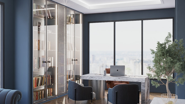 Modern office design with a blend of classic and contemporary design elements offers a timeless look.