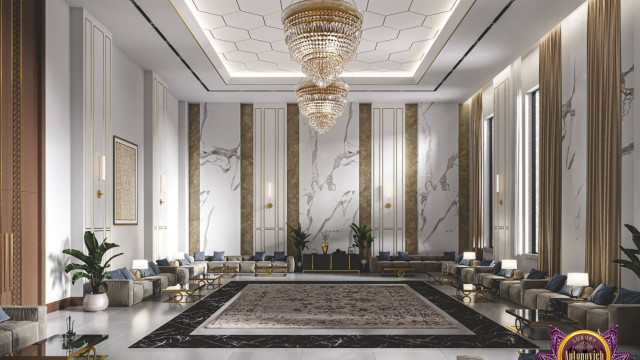 Striking contemporary living room featuring white walls and ceilings, light wood flooring, beige sofa, large circular chandelier, and abstract artwork.