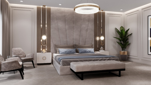 A luxurious living room with a white and gold color scheme, featuring a grand piano, chandelier, plush sofa, and other luxurious furniture items.