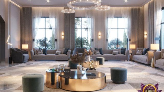 Elegant luxury living room with modern furniture, chandeliers and unique carpets, creating a luxurious atmosphere.