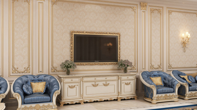 This picture shows a luxurious living room designed by Antonovich Design. The room has a modern, sophisticated aesthetic, with a black and white color palette and ornate gold accents. The furniture is modern and comfortable, and there are a variety of decorative pieces throughout the space, such as a grand chandelier, a large, ornate mirror, and a grand piano.