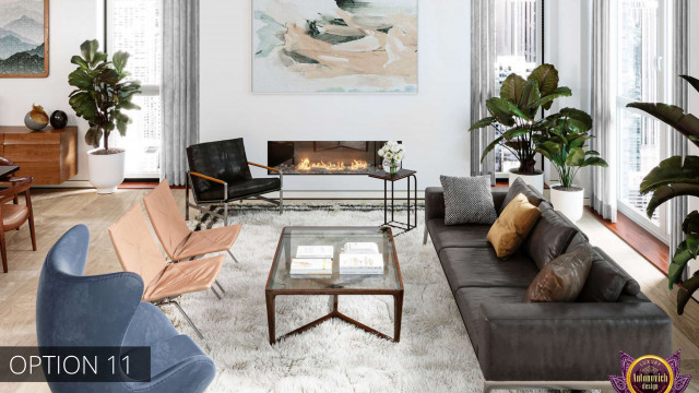 This image shows an elegant living room with marble floors, a white grand piano in the center of the room, and comfortable furniture. There is an ornate fireplace along one wall, with a large mirror above it. The walls are decorated with artwork, and a pair of tall windows overlook a beautiful outdoor garden.