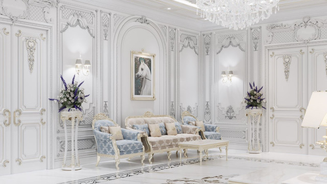 This picture is of an interior design by Antonovich Design. It features a luxurious living area with tall ceilings, a black and white marble floor, and a modern archway leading to another area of the room. A large white sofa is in the center of the room surrounded by several stylish armchairs, while a mirrored coffee table sits in front of the seating. There are also several matching side tables along the walls and a chandelier hanging from the ceiling.
