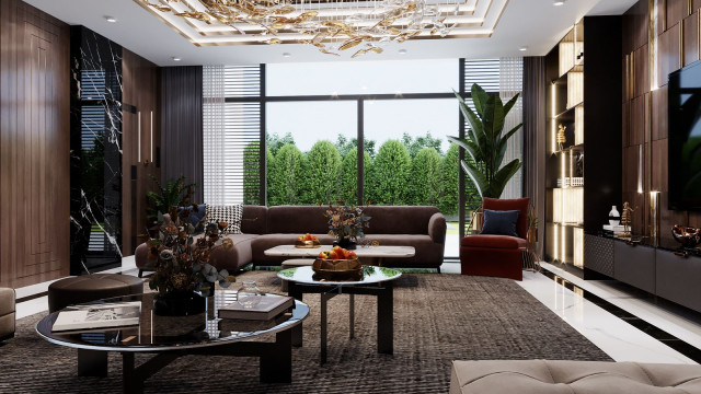 Modern, luxury living room with statement ceiling and wall décor, featuring a curved chaise lounge sofa, coffee table, and lounge chair.