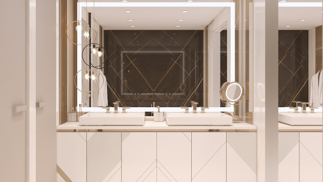 This picture shows a contemporary style master bathroom suite. The bathroom features a free-standing soaking tub, a large walk-in shower with a custom glass enclosure, and a double vanity with marble countertops. Additional features include a patterned tiled floor, recessed lighting, and two large mirrors mounted above the vanities.
