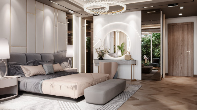 This opulent condo features an exquisite interior design with stunning details, modern furniture, and luxurious lighting.