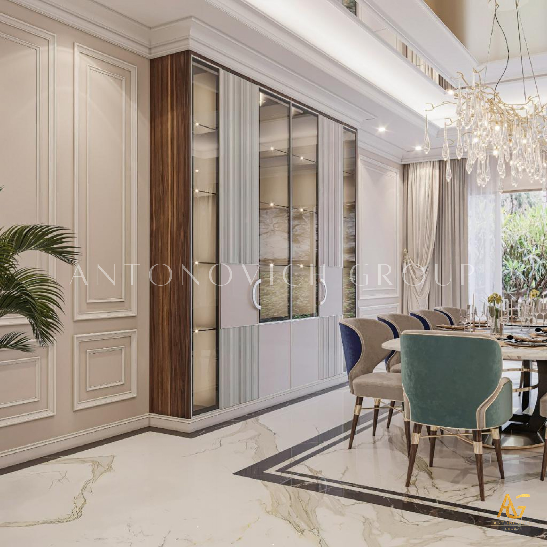 An interior design with a pastel color palette, high-end furniture, and luxurious finishes.