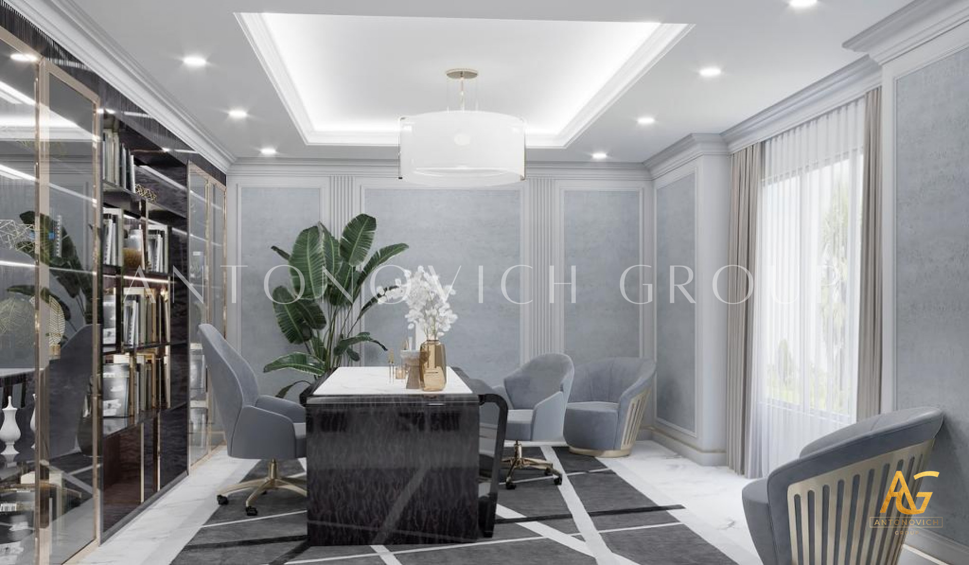 This picture shows an interior design of a living room with a modern and luxurious style. The room features grey walls, dark hardwood flooring, and a sectional couch in white leather upholstery. The room is lit by a modern chandelier, and there is a square coffee table surrounded by white leather armchairs with silver legs. A beige rug and several abstract art pieces decorate the space, creating a sophisticated and stylish look.