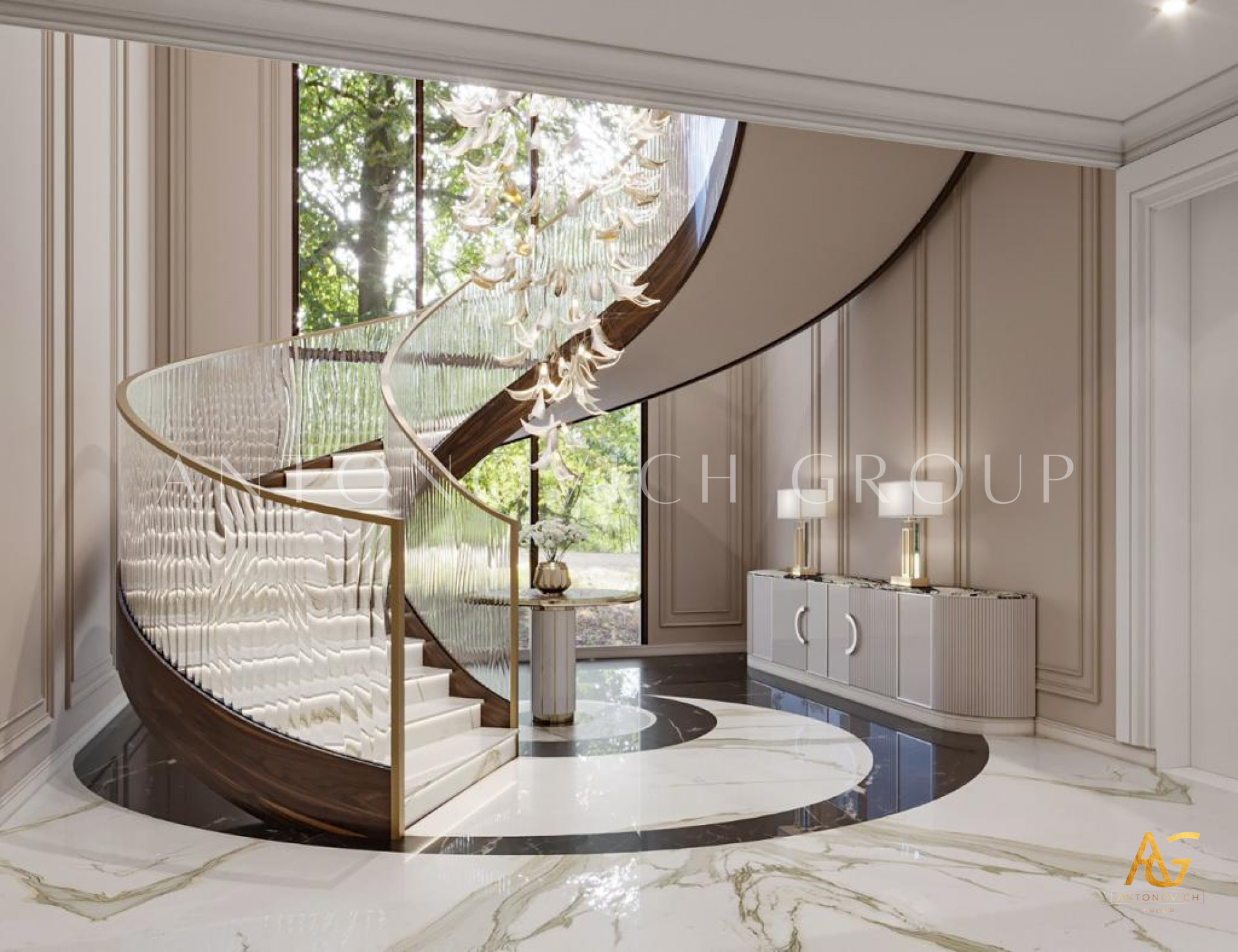 This picture shows a luxurious living room decorated in a modern style with classic elements. The walls are painted in a light grey and adorned with ivory decorative elements. The flooring is a combination of dark wood and white marble. The furniture includes two beige velvet sofas, two armchairs upholstered in white fabric, and a glass coffee table with a metallic base. On one side of the room there is a white grand piano, and on the other side is a large window giving natural light to the room.