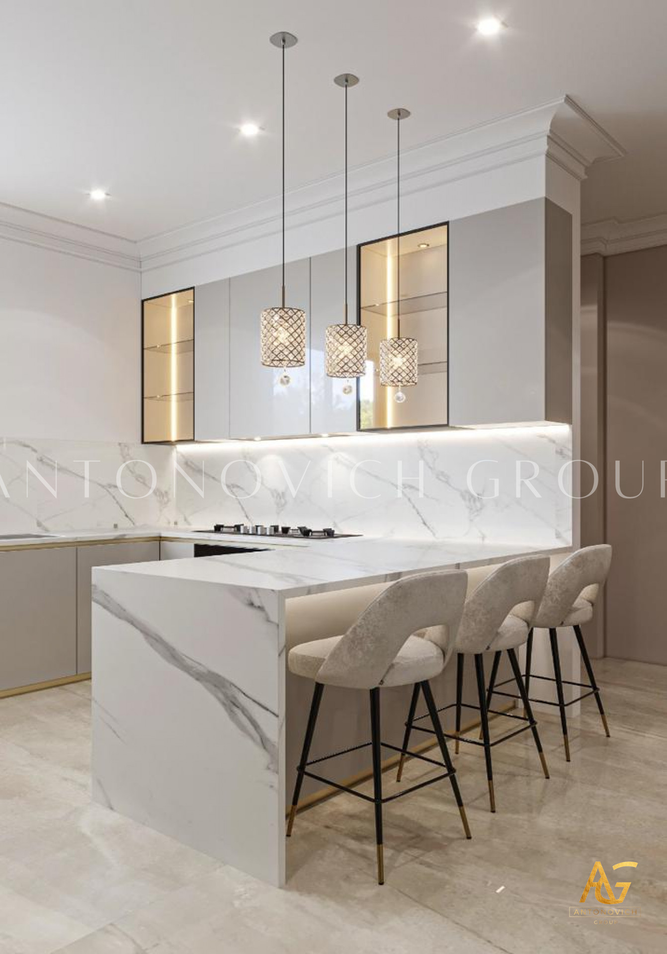 This picture shows an elegant living room with a stunning statement chandelier. The room has a modern, yet classic design with white walls, a gray and white checkered marble floor, and dark wooden furniture. A white sectional sofa sits on one side of the room, and two arm chairs on the other. The centerpiece of the room is a beautiful ornate chandelier with crystal drops hanging from it, adding a touch of luxury to the space.