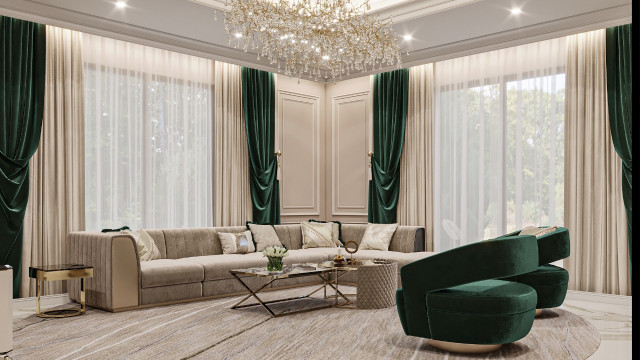 This picture shows the interior of a luxurious, modern living room. The walls are painted in a soft green color and are decorated with an elegant white and gold wallpaper. There is a large area rug in the center of the room, with white furniture surrounding it. The furniture includes a loveseat, two armchairs and a coffee table. On the wall behind the furniture is a large art piece featuring abstract shapes and colors. There is also a grand piano in the corner of the room, and several bookshelves filled with books. The overall look of the room is very sophisticated and inviting