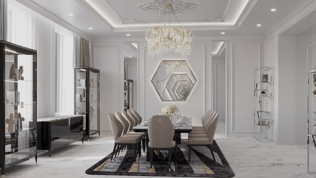 Luxurious marble and golden details throughout the interior design of this high-ceilinged home create an opulent yet comfortable atmosphere.