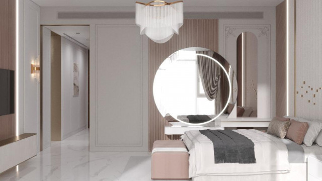 Luxury master bedroom with modern design and warm colors, elegant furniture and exclusive chandeliers.