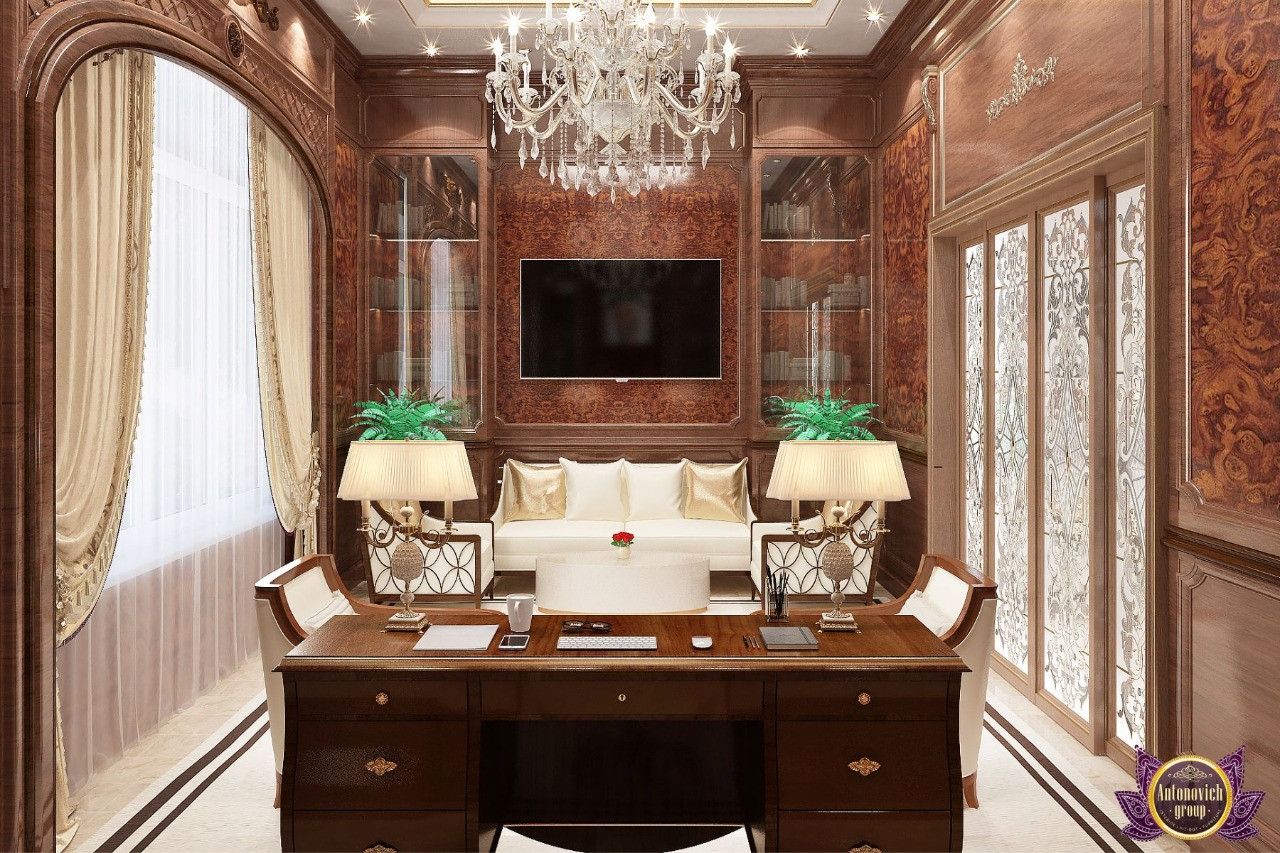 Luxurious white and gold interior with a grand piano, armchair, and sofa.