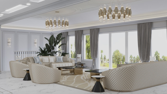 This picture shows a modern, luxury living room, decorated with high-end materials and furniture. The room features a light grey sectional sofa, velvet armchairs and a tufted coffee table in the center. There is a large window overlooking a scenic view and the elegant curtains are hung from the ceiling, giving the room an airy feel. The walls are adorned with two contemporary art pieces and there is a tall lamp beside the armchair for added ambiance.