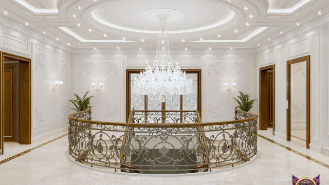 Modern luxury living room featuring white walls and floors, lavishly decorated with ornate furnishings, luxuriant drapes, decorative carpets, and a crystal chandelier.