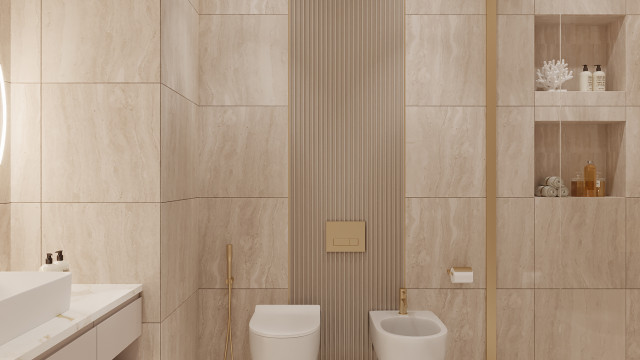 This picture shows a modern, luxurious bathroom. The room features a large bathtub with a built-in seat and multiple showerheads, set against a marble wall. There is a wooden vanity with two sinks and a large round mirror above it. The floor is laid out in a pattern of black, gray, and white tiles, and the walls are white and gray marble.