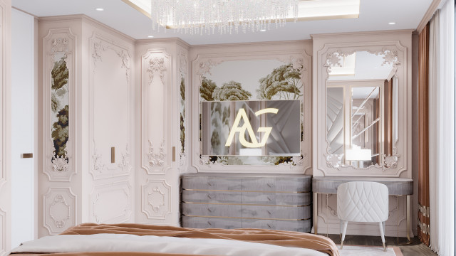 A spacious interior decorated with fixtures and furniture in white and gold tones, with a modern chandelier centerpiece.