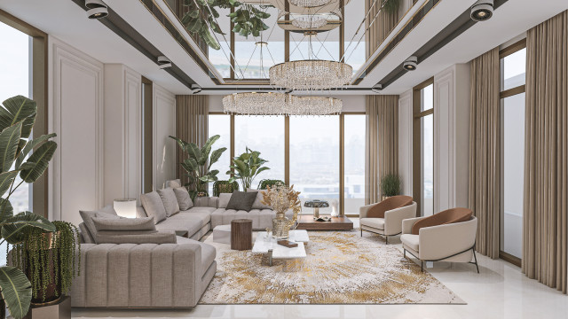 Modern living room designed with cream-colored walls and furniture, gray accents, natural-toned floor, chandelier, and art piece.