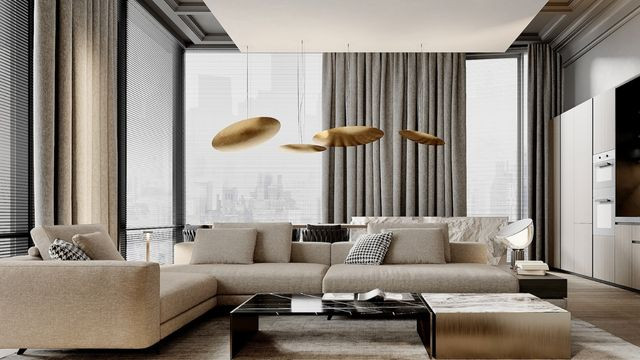 Abstract modern interior in an office setting, with a blue armchair and matching ottoman situated on a contemporary rug, surrounded by sleek furniture and elegant decor.