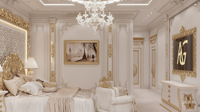 Room featuring a lavish marble floor and walls, ornate ceiling decoration with intricate lighting fixtures, and richly upholstered furnishings.