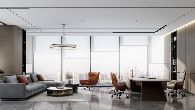 Modern luxury apartment interior featuring a beige sofa, white armchairs, hardwood floors and a vibrant accent wall.