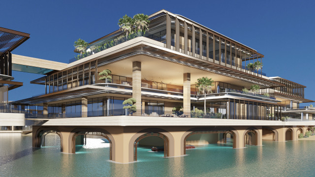 Stunning Dubai Island development - Luxury waterfront building exemplifies high-end Interior Design Dubai. Multi-level structure with glass facades, palm-adorned terraces, and innovative design over water.