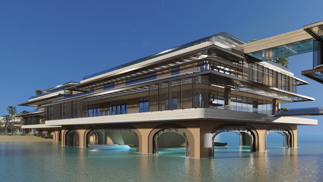 Modern waterfront villa by Antonovich Design, showcasing Interior Design Dubai. Multi-story structure with glass facades on Dubai Island, featuring arched openings at water level and docked yacht.