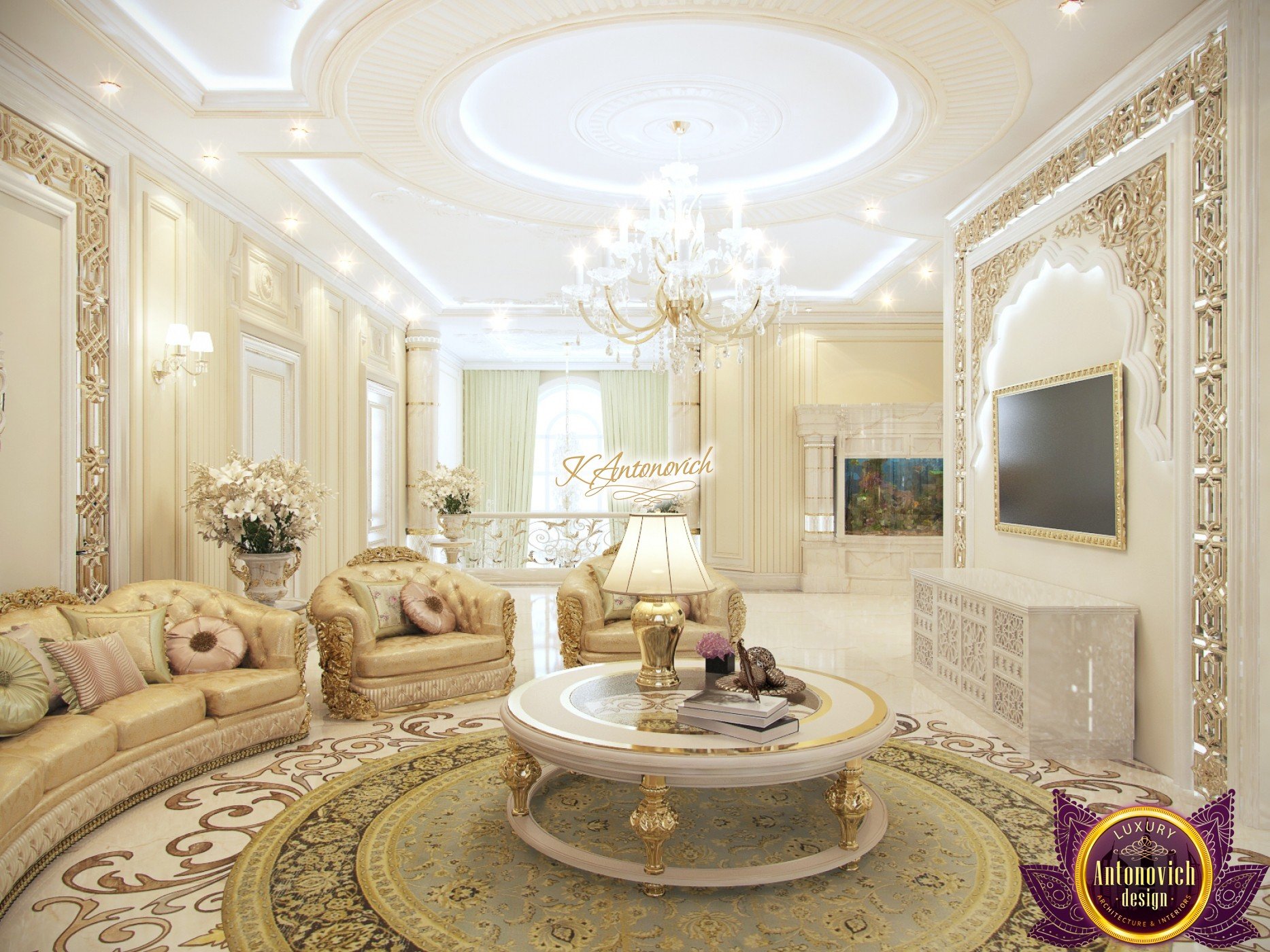 This picture shows a modern living room with luxurious decoration. The room features a white leather sofa set with a large round coffee table, demonstrating a contemporary design aesthetic. There is a fireplace on the side wall, with a white marble mantle and a large mirror above it. Two wooden chairs with tufted cushions provide additional seating. The walls are painted a soft grey color, while the ceiling is detailed with white molding and recessed lighting. A thick wool rug in shades of grey and beige provides warmth to the space, while an abstract painting in a gold frame adds artistry.