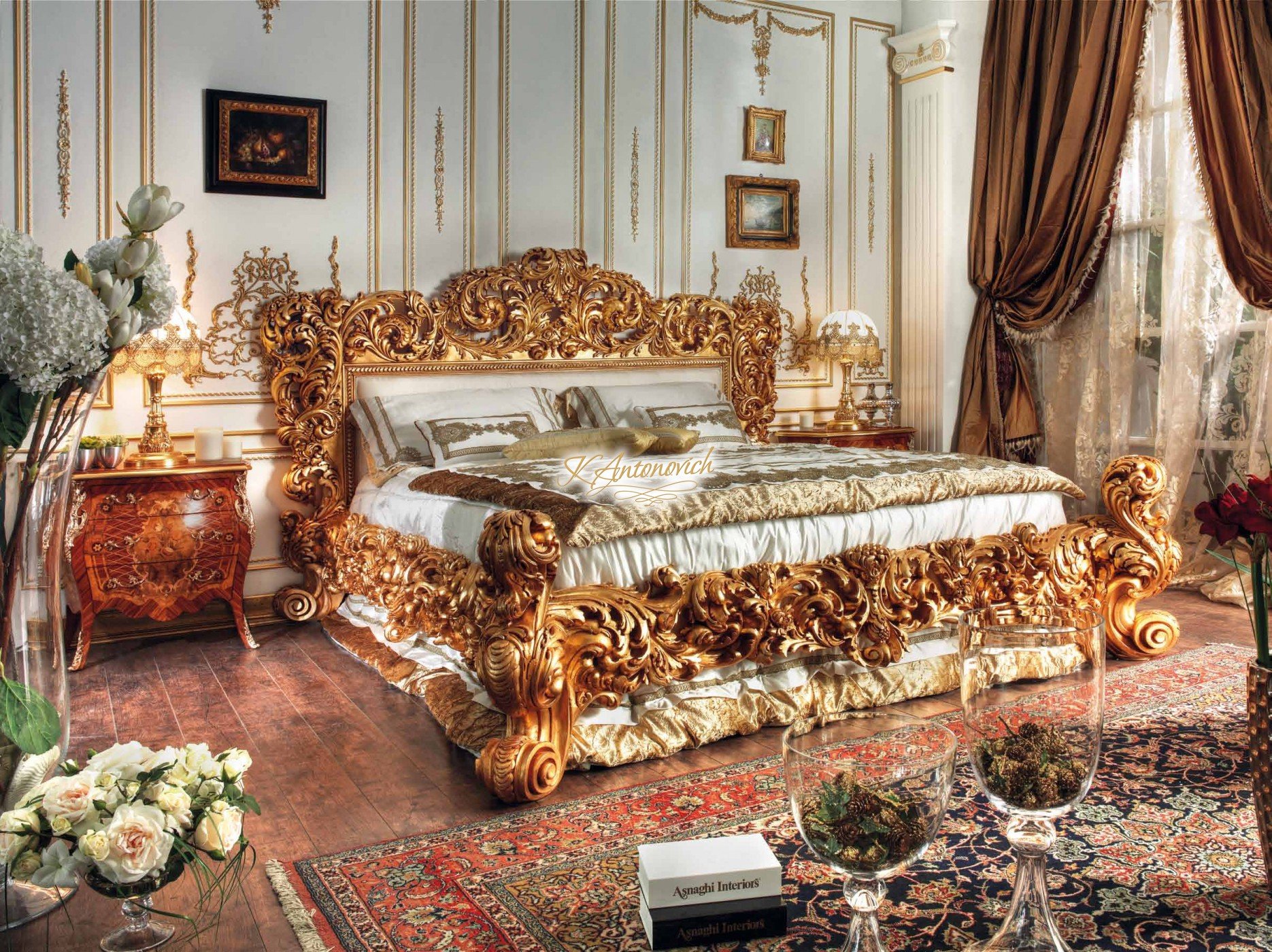 Дорого богато. Азнаги спальня Матильда. Спальня в стиле Ампир Барокко. Asnaghi Interiors. Кровать стиль Барокко, рококо, Ампир.