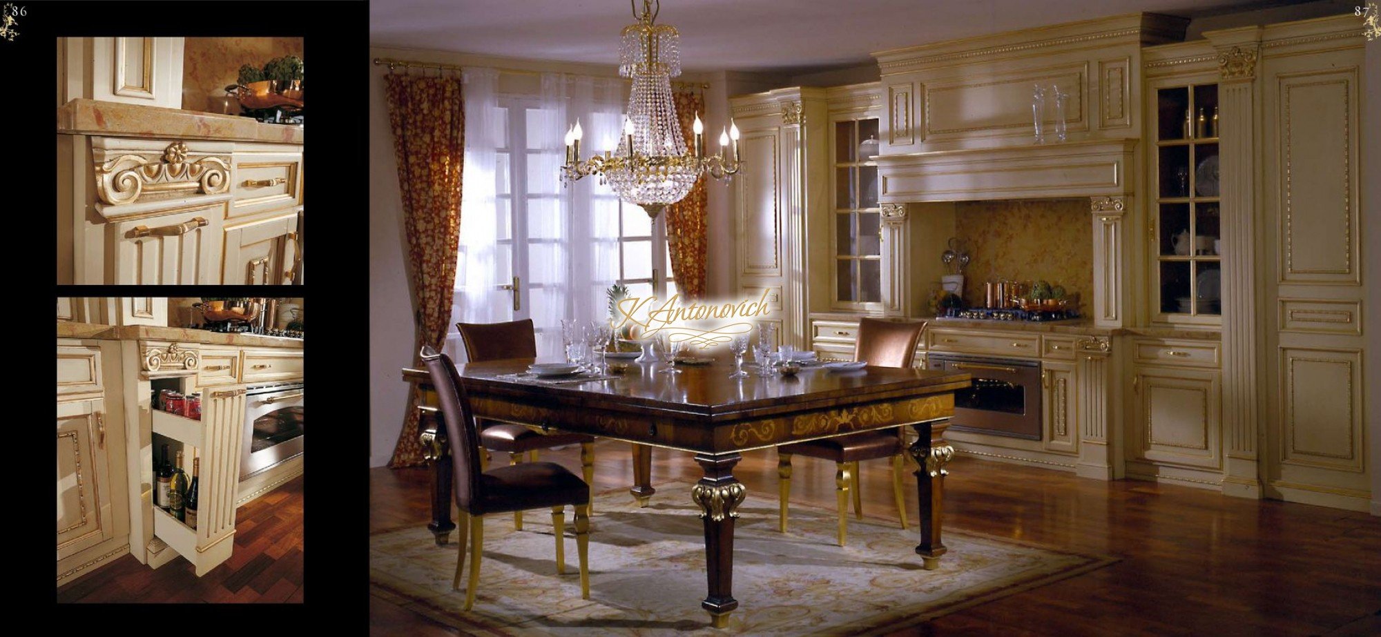 This image shows a luxurious and modern living area. It features a large sofa that is upholstered in white leather, with two matching armchairs arranged around a geometric glass-top coffee table. The space is decorated with faux fur rugs, a unique hanging light fixture, and shelves full of decorative items. In the corner of the room, a vertical marble fireplace stands out against a wall of floor-to-ceiling windows.