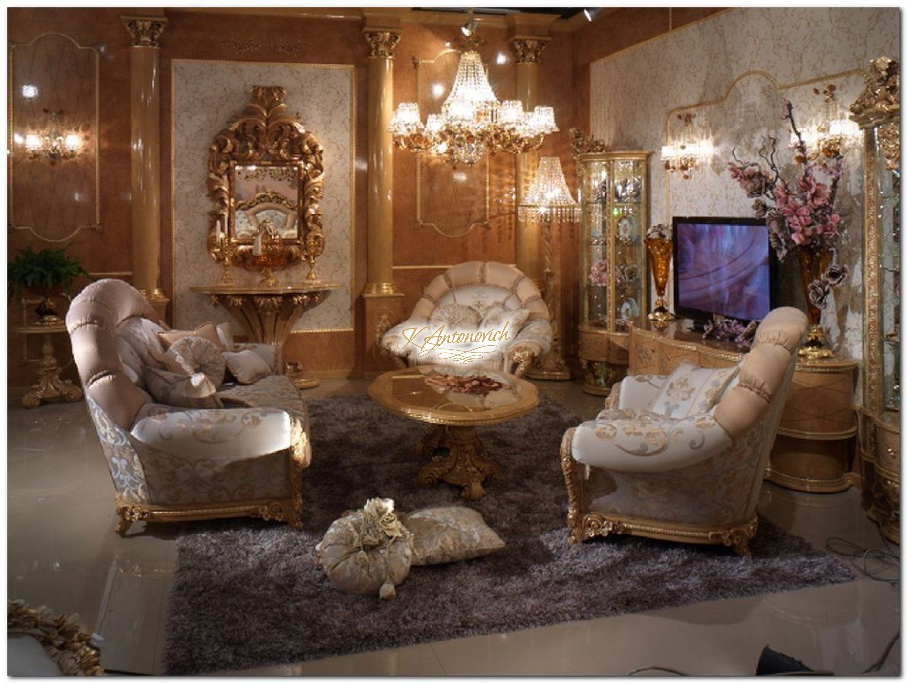 Modern luxury bedroom with simple black and white color scheme, marble floor and beautiful chandelier.