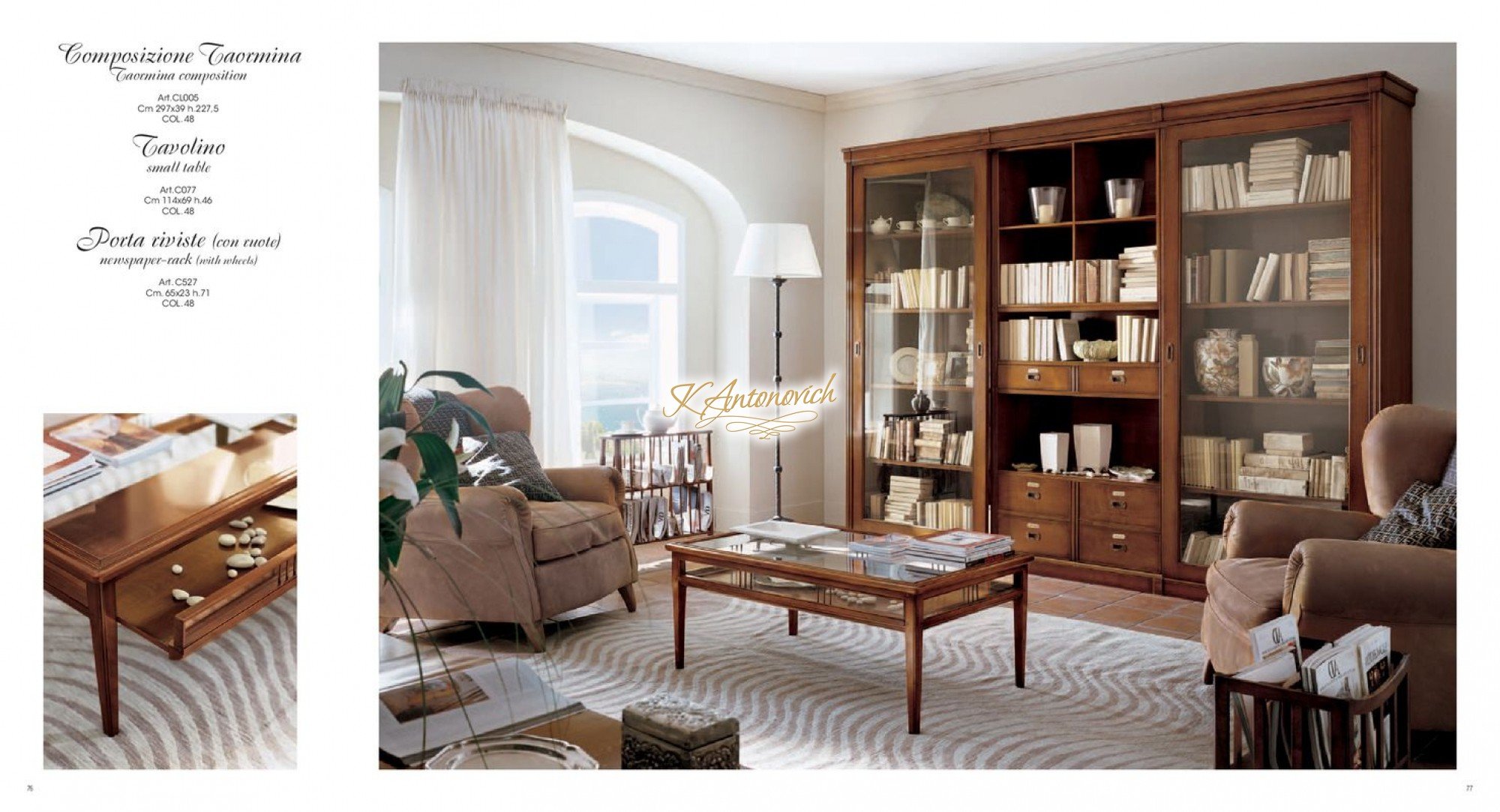 This picture is of an elegant black-and-white living room with modern furniture and decor. There is a black sectional sofa with a white ottoman in the center of the room and a white area rug. On the walls are colorful geometric paintings, and near the sectional are two white accent chairs with a glass coffee table between them. The windows have sheer curtains that let light in, and the room also has soft lighting in the form of wall sconces.