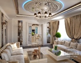 Luxurious living room in classic style with elegant furniture and decor, gold accents and a fireplace - perfect for cozy evenings.