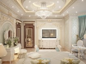 Luxurious modern living room. Marble floor and walls, elegant furniture, with exclusive fabrics and gold details.