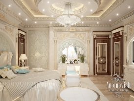 Interior design of a bedroom in classic style with antique furniture, light curtains and soft pastel colours.