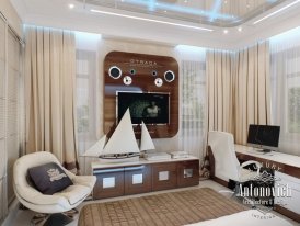 Luxury interior design of modern bedroom with bed, wardrobe and carpeted floor. Rich elegance and comfort combined.