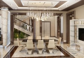 An elegant, luxury dining room setting featuring high-end furniture, lighting and decoration.