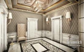 Grand staircase decorated with marble, gold, and elegant chandelier brings amazing atmosphere with an opulent luxury style.