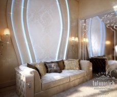 Modern luxurious apartment interior with golden details, stylish piano, velvet armchairs and marble floor.