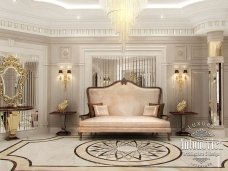 This image illustrates an elegant, traditional bathroom with a luxurious gold marble vanity and décor.