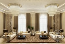 Contemporary living room with grey tone, white sofas and luxurious golden details, creating a chic yet elegant environment.
