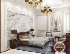 Luxurious modern bedroom design with a unique glamour twist. Handcrafted furniture, golden accents and pastel color palette make this space truly unique.