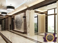 Modern palace interior with elegant furnitures, luxurious velvet curtains and white marble floor inspiring dreamy relaxation.