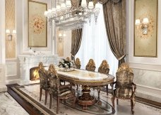 A luxurious marble interior with an elegant black and gold color scheme, perfect for an elegant home.