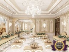 Opulent luxury villa interior. Lavish golden accents reflected in contemporary furniture