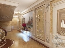 A luxurious bedroom design with a gold-accented bed and plump velvet pillows. Perfect for relaxation.