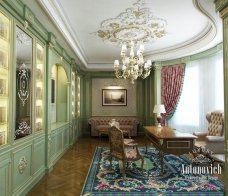 Luxury living room with classy velvet chairs, gold chandelier, white carpet and grand mirror, perfect for entertaining guests.