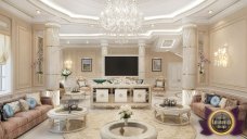 Luxurious, modern apartment with pastel details, sleek furniture and fancy golden accents. Perfect for contemporary living.