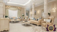 Elegant luxury living room with a cozy sofa, armchair and golden details creating a luxurious and modern atmosphere.